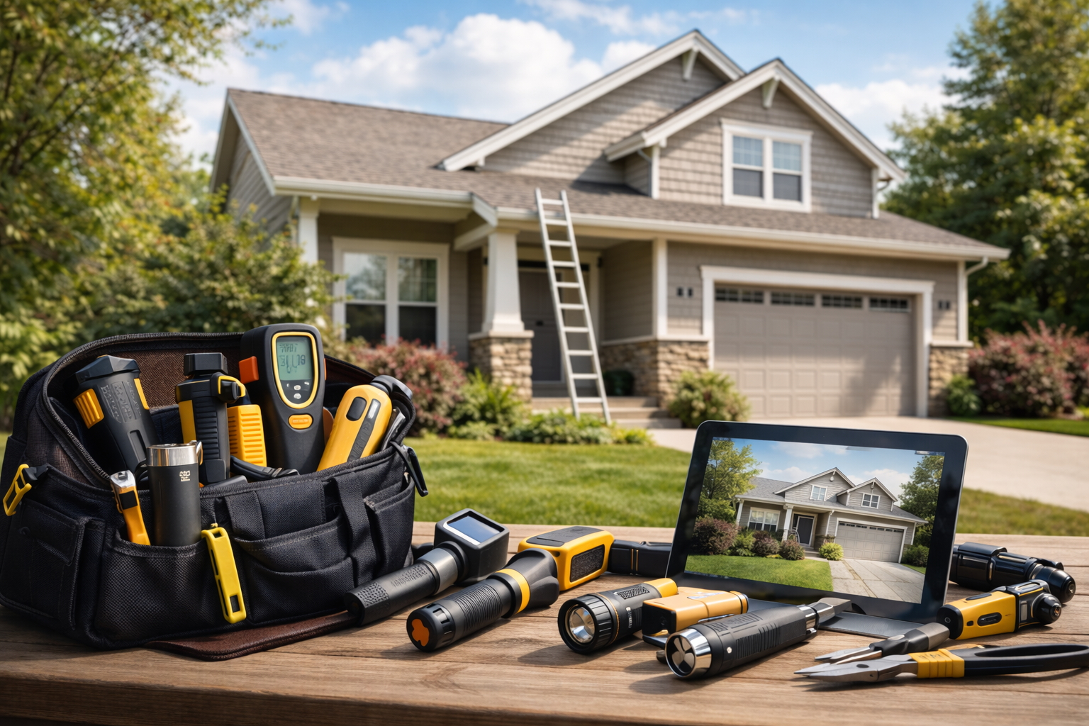 Home inspection tools in front of a house